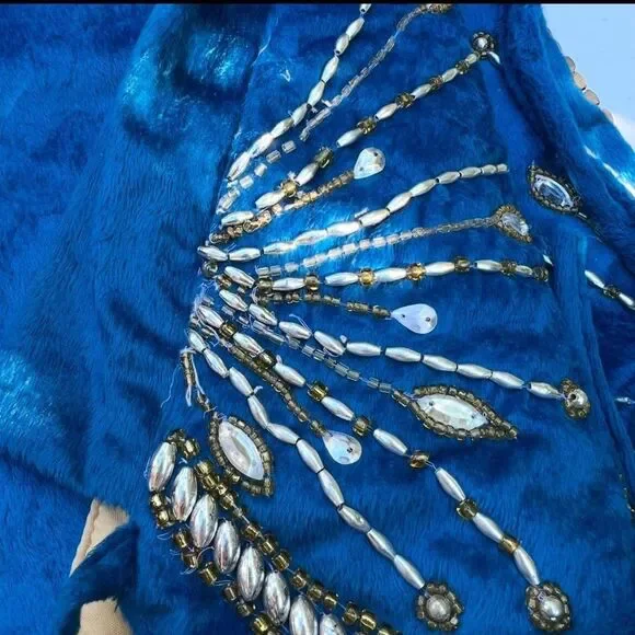 Pier 1 Imports Christmas Tree Skirt Jeweled Blue Velvet Lined Padded Large - Picture 2 of 4